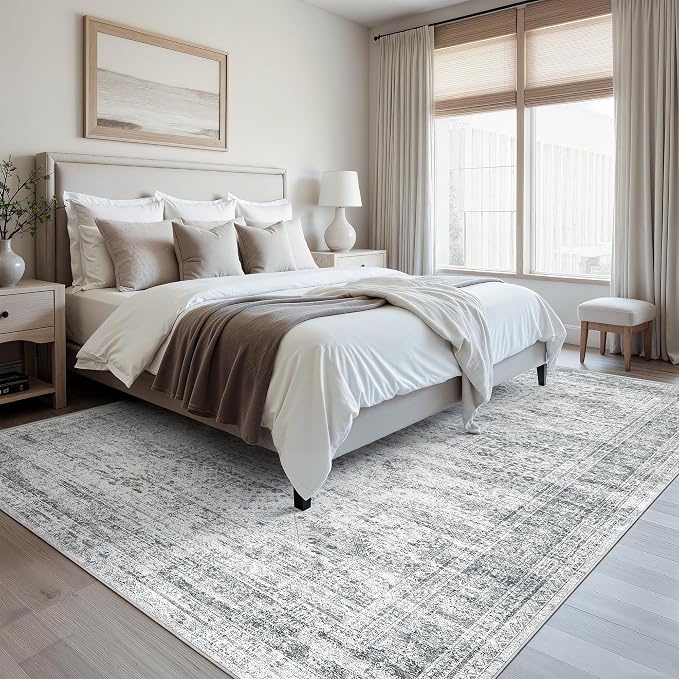 Soalmost 9x12 Area Rugs for Living Room, Non Slip Machine Washable Vintage Rugs, Low Pile Lightweight Large Rug for Bedroom, Dining Room, Home Office Grey