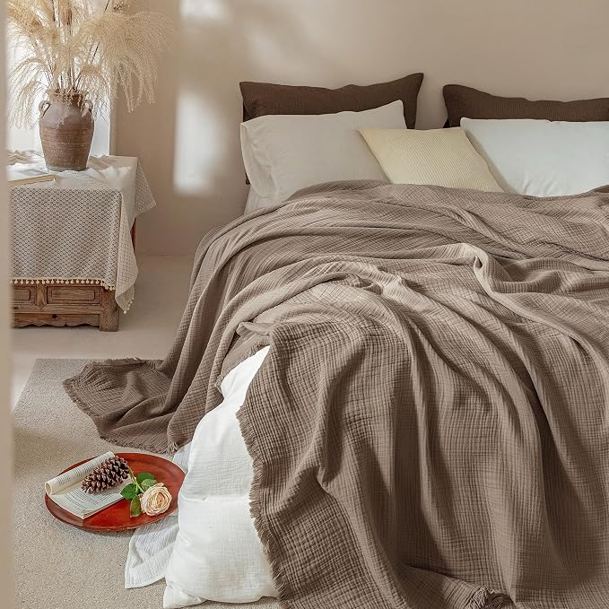 Muslin Fringe Blankets for Adults: 100% Cotton Cloud Soft | 4-Layer Gauze Breathable Lightweight All Season Throw Blanket for Bed Couch Sofa Office