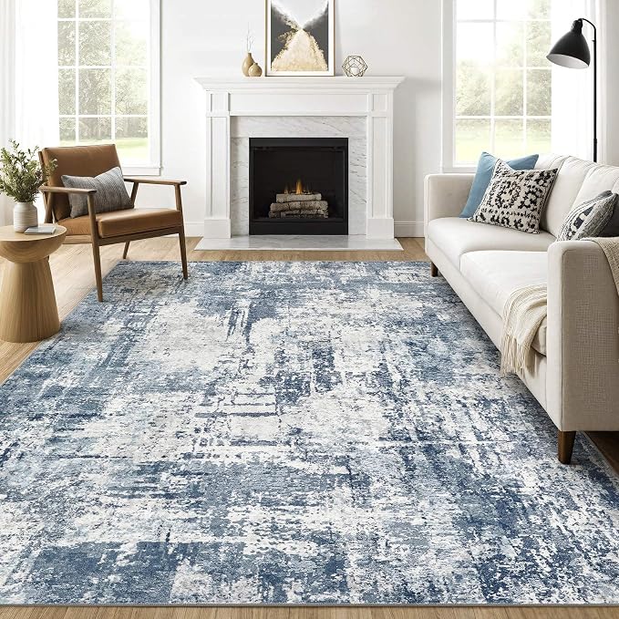 7x9 Area Rug Living Room: Washable Large Abstract Modern Soft Rug Stain Resistant Indoor Non-Slip Carpet for Bedroom Dining Room Nursery Kids Playroom Office Home House- Blue White
