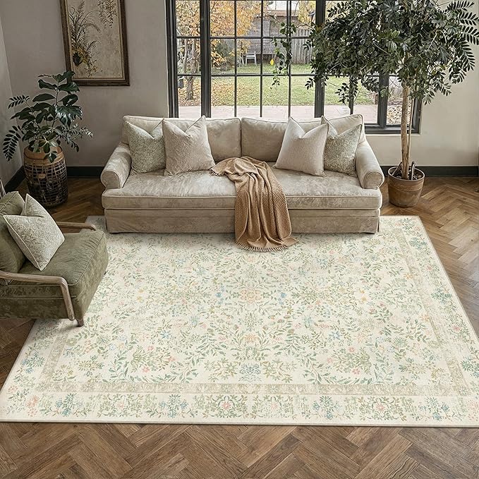 PureCozy 4x6 Light Green Area Rug for Entryway Washable Vintage Floral Carpet Low Pile Non Slip Botanical Aesthetic Soft Accent Throw Rug Entrance Kitchen Bedroom Nursery Office Indoor