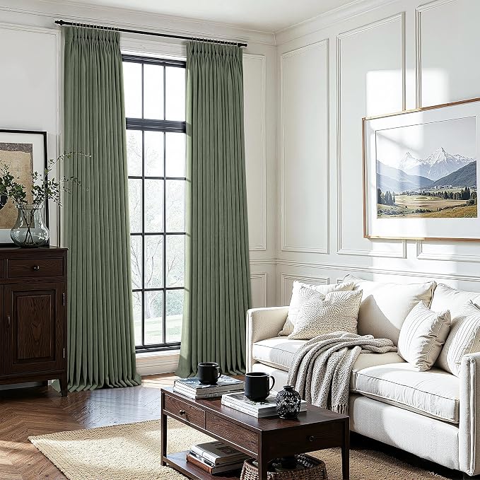 Sage Green Pinch Pleated Curtains 96 Inches Long for Living Room 2 Panels Set Light Filtering Textured Linen Pinch Pleat Curtains 96 Inch Length Neutral Rustic Farmhouse Modern Window Curtain Drapes