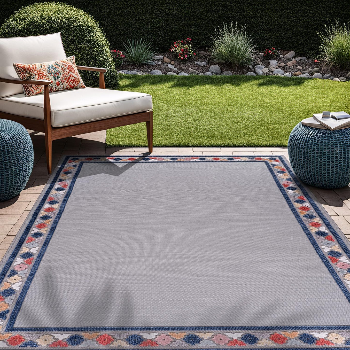 Beverly Rug Outdoor Rug 6x9 Modern Bordered Area Rugs for Indoor and Outdoor Patio Easy to Clean Non Shedding Living Room Porch Garden Washable Outside Carpet (6 x 9 Gray)