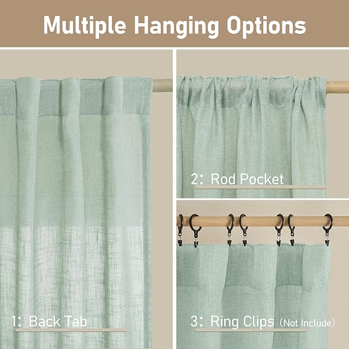 LAMIT 63 Inch Semi Sheer Linen Curtains, Light Filtering Panels Back Tab and Rod Pocket Neutral Drapes for Bedroom/Living Room, Light Sage, 2 Panels, 34 x 63 Inch