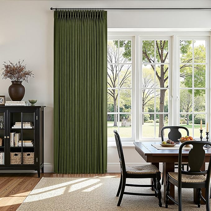 Olive Green Pleated Linen Curtains 96 Inches Long for Living Dining Room Bedroom Light Filtering Boho Window Drapes 2 Panels with Hooks Rings Clips Sliding Glass Door Semi Sheer Curtain Pinch Pleat
