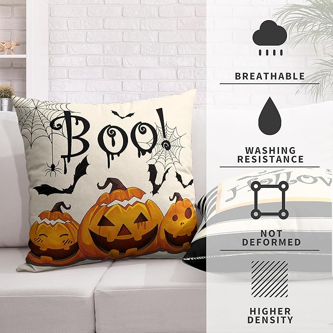 Happy Halloween Pillow Covers 18x18 Set of 2 Pumpkin Bat Spider Web Throw Pillow Covers Boo Pillow Halloween White and Black Striped Pillow Case for Home Decor Couch Outdoor