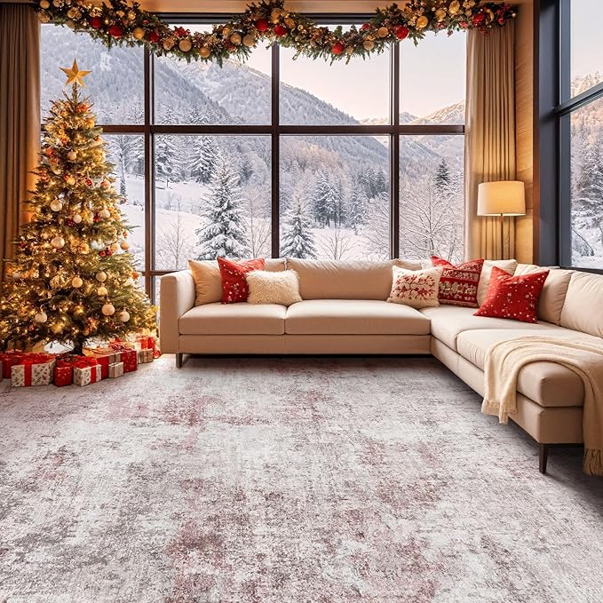 UERMEI 5x7 Area Living Room Rugs - Washable Neutral Modern Abstract Soft Thin Large Rug Indoor Floor No Slip Rug Carpet for Bedroom Under Dining Table Home Office Decor - Pink