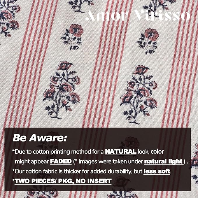 Amor Virisso Floral Throw Pillow Covers 20x20 Set of 2 Block Print Pillow Covers Neutral Floral Striped Farmhouse Decorative Pillow Covers for Sofa Couch Bed, Red
