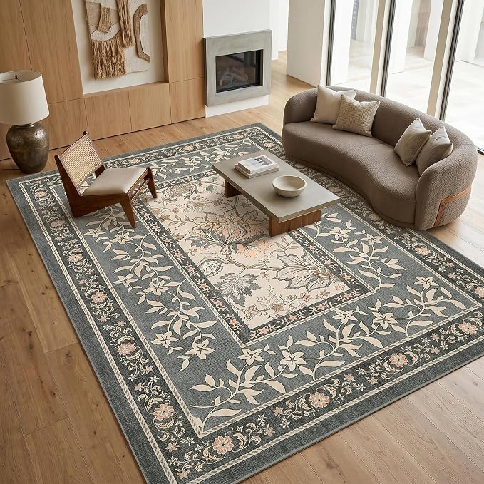 GarveeHome Grey Area Rug 8x10 for Living Room Washable Cottage Core Vintage Farmhouse Low-Pile Non-Slip Large Carpet for Bedroom Dining Room Home Office TPE Backing Indoor Decor