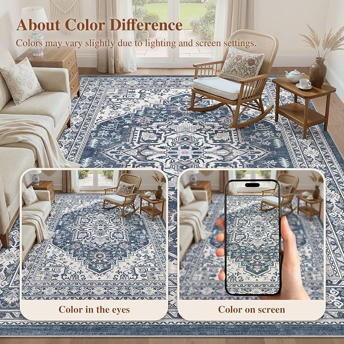 UERMEI 9x12 Area Rug for Living Room - Washable Vintage Carpet, Non-Slip Soft Large Indoor Floor Rugs for Bedroom Home Office & Under Dining Table Decor, Denim Blue/White