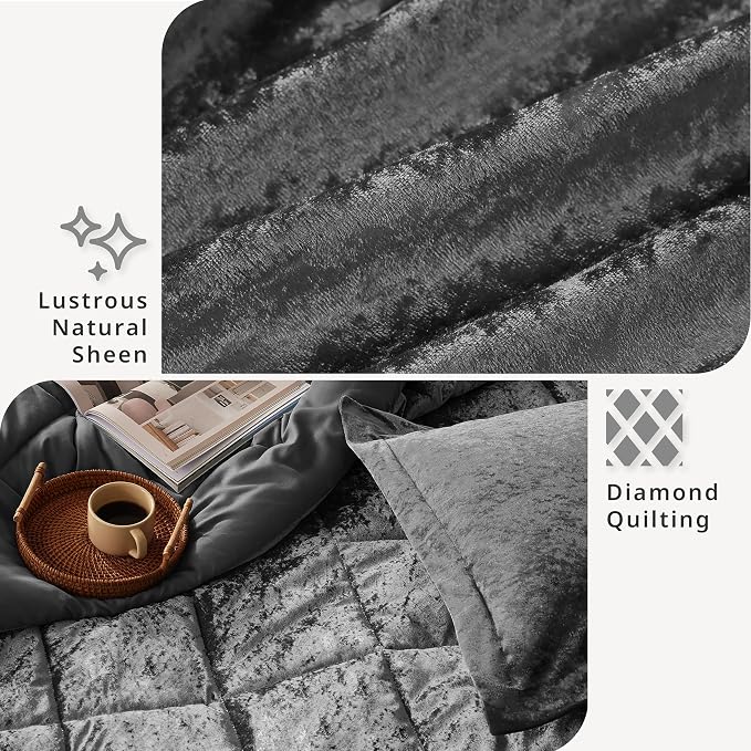 Intelligent Design Queen Duvet Cover Set, Velvet Queen Duvet Set, Luxury Diamond Quilting Grey Duvet Cover, Fluffy Duvet Cover with Decorative Pillow and 2 Shams, 4 Pieces, Grey, Full/Queen