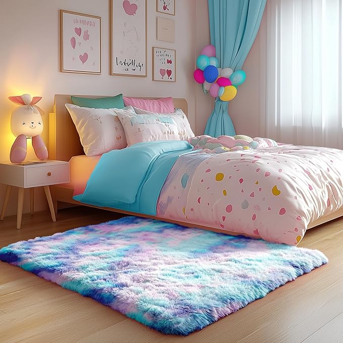 PAGISOFE Cute Furry Pastel Rug for Girls Bedroom, Soft Adorable Rainbow Purple Tent Rugs for Livingroom, Kid Room,Playroom Nursery Home Decor,Plush Mermaid Kawaii Rug Fluffy Carpet 4x6 Area Rug Sturdy