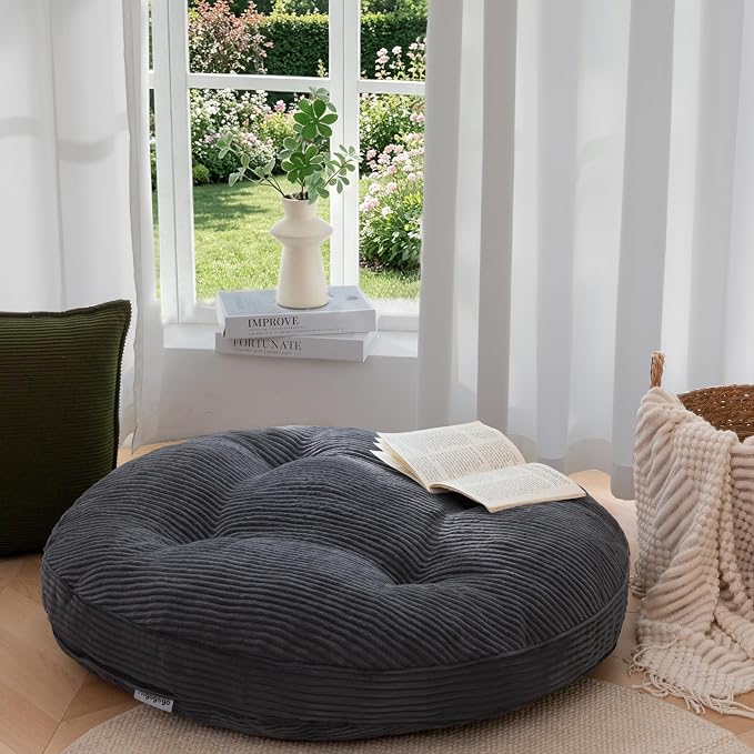 HIGOGOGO 35" Floor Pillow Cushion for Adults, Meditation Cushion Pillow, Extra Large Square Floor Sitting, Tufted Corduroy Cover for Tatami Living Room or Yoga, Dark Grey