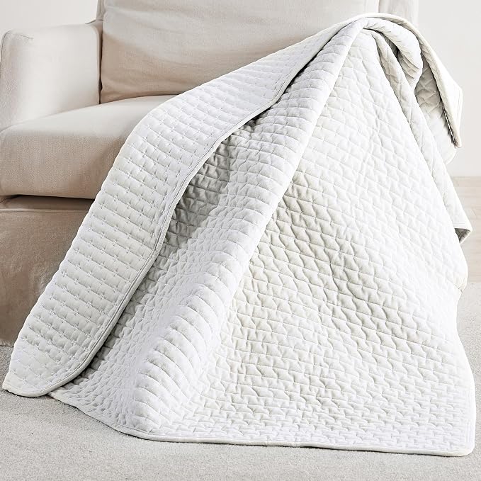 Levtex Home - Velvet Stitch Throw - Quilted Throw (50x60in.) - Velvet - Off-White, White - Reversible - Polyester