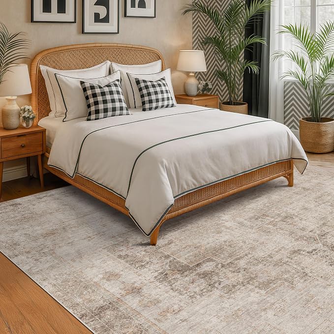 Hazo Haus Neutral Farmhouse Area Rug for Bedroom - 6x9 Washable Rug for Dining Room Table, Ultra-Thin Soft Textured Boho Indoor Decor, Fade & Stain Resistant
