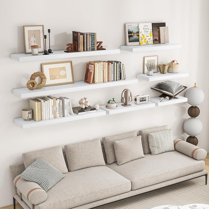 RICHFOCUS 24Inch Floating Shelves for Wall 2 Pack Shelves for Bedroom|Kitchen|Bathroom Wall Mounted Rustic Wood Floating Shelf with Invisible Brackets for Books|Storage|Decor, White