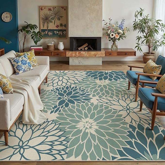 HUGEAR 8'x10' Waterproof Blue Floral Outdoor Rug Patio Linen-Look Floor Mat for Camping RV Outside Area Rug Deck Porch Balcony Backyard Picnic Beach Carpet Home Decor