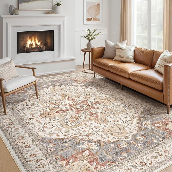 Tortania Area Rug Living Room Rugs - 12x15 Washable Boho Rug Vintage Oriental Distressed Farmhouse Large Thin Indoor Carpet for Living Room Bedroom Under Dining Table Home Office - Orange Multi
