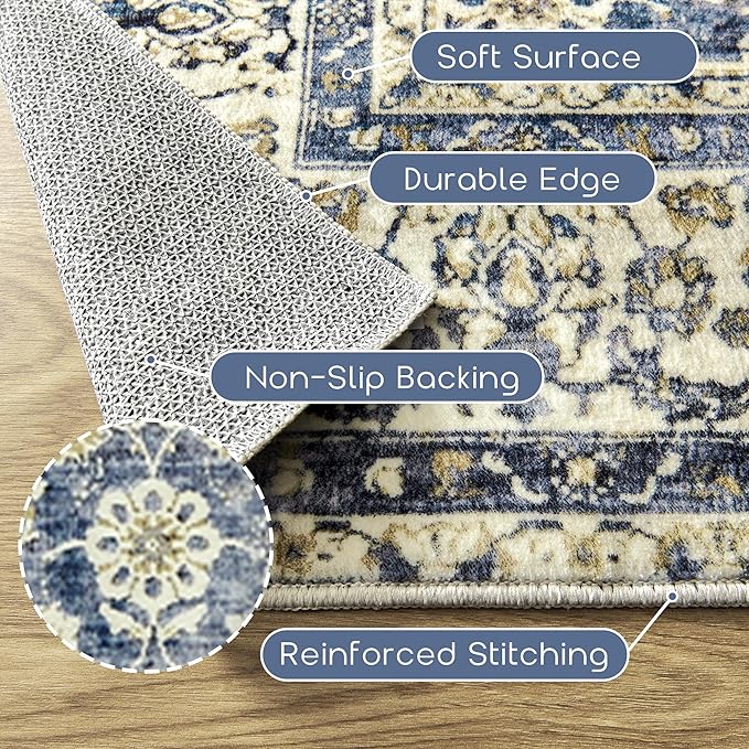 Blue 2x6 Runner Rug for Hallway Low Pile Kitchen Rugs Non Slip Washable Vintage Floral Distressed Design Carpet for Entryway Bedroom Boho Retro Dark Blue Rug for Bathroom Indoor 2 x 6