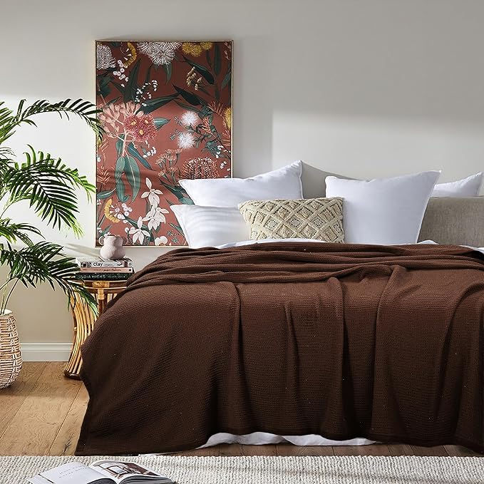 TreeWool Premium 100% Cotton Waffle Queen Blanket (90"x90", Brown) | Breathable Lightweight Moisture Wicking Soft Knit Thermal Blanket for Summer, Bed or Sofa All-season Comfort Machine Washable