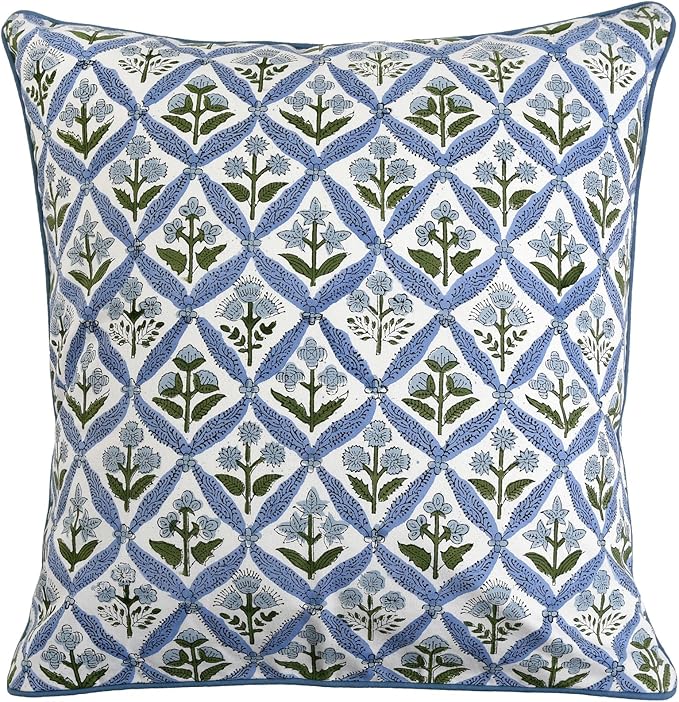 Ridhi Block Print Light Steel Blue Pillow Cover 24" x 24" (Pack of 2) Decorative Couch Pillows for Living Room, Chic Boho Cute Outdoor Pillows Covers Gifts for Spring, Easter and Valentine