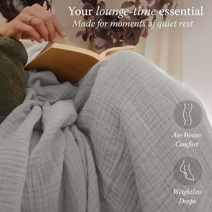 Threadmill Summer Muslin Twin Blanket | 4 Layer 100% Cotton Gauze Blanket | Pre Washed, Soft and Breathable Muslin Throw Blanket | Ideal for All Seasons | Lightweight Picnic Blanket| Light Grey