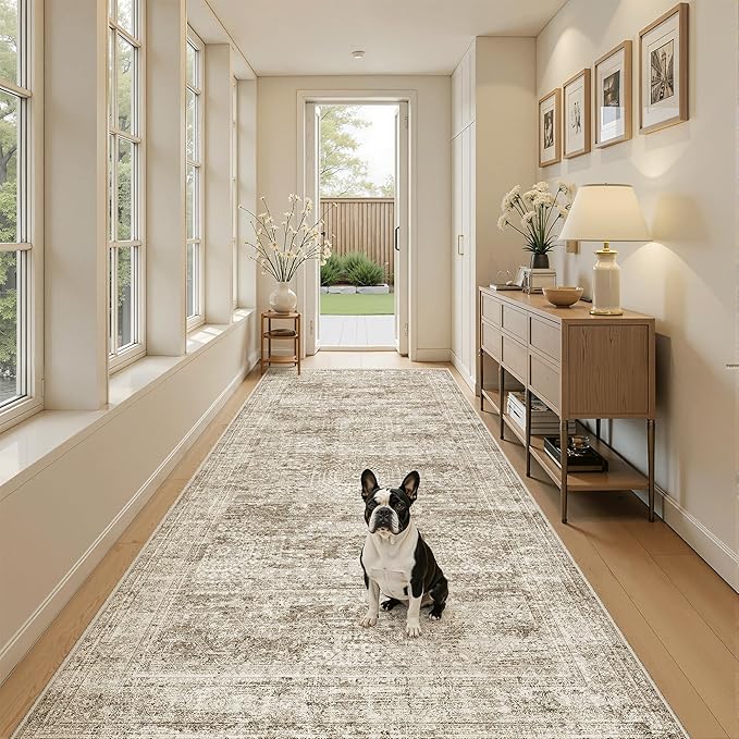 Soalmost Hallway Runner Rug 4x8 Wide: Washable Thin Runners for Hallways Entry, Non Slip Soft Vintage Kitchen Area Rugs for Living Room Bedroom Dining Room Foyer (Brown, 4x8)