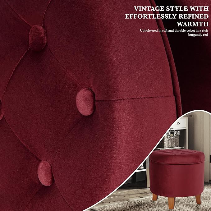 HomePop 19" Velvet Button Tufted Round Storage Ottoman - Burgundy