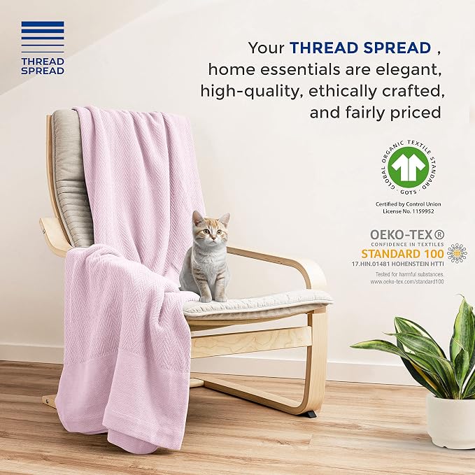 THREAD SPREAD Organic GOTS Cotton Blanket, Full/Queen - 350 GSM, Antistatic, Fuzzy Soft, Lightweight, Sofa, Camping & Travel, Perfect Herringbone All Seasons Throw, Blush + Stylish Bonus Tote Bag