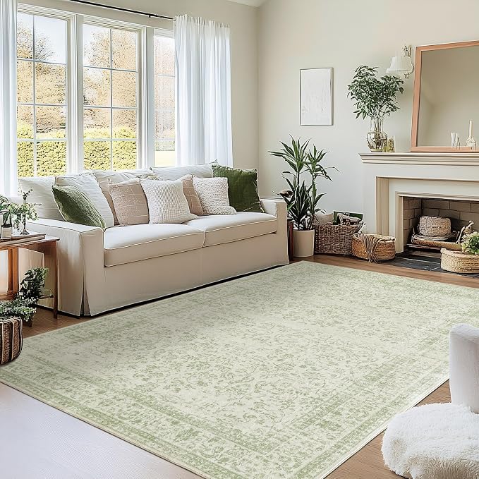 Sage Green Rug 5x7 Baby Girl Nursery Decor Neutral Boho Floral Pattern Distressed Design Washable Soft Cottagecore Area Rugs for Living Room Bedroom Light Green Low Pile No Slip Carpet 5 x 7