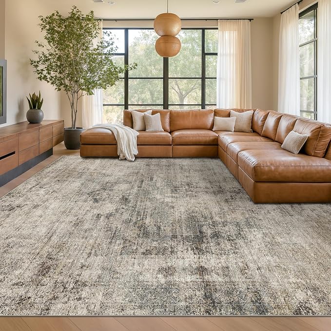 Hazo Haus Taupe Brown Extra Large Area Rug for Living Room 10x14 – Modern Farmhouse Rustic Washable Rug for Dining Room & Bedroom, Non-Slip Foldable Dark Academia Décor