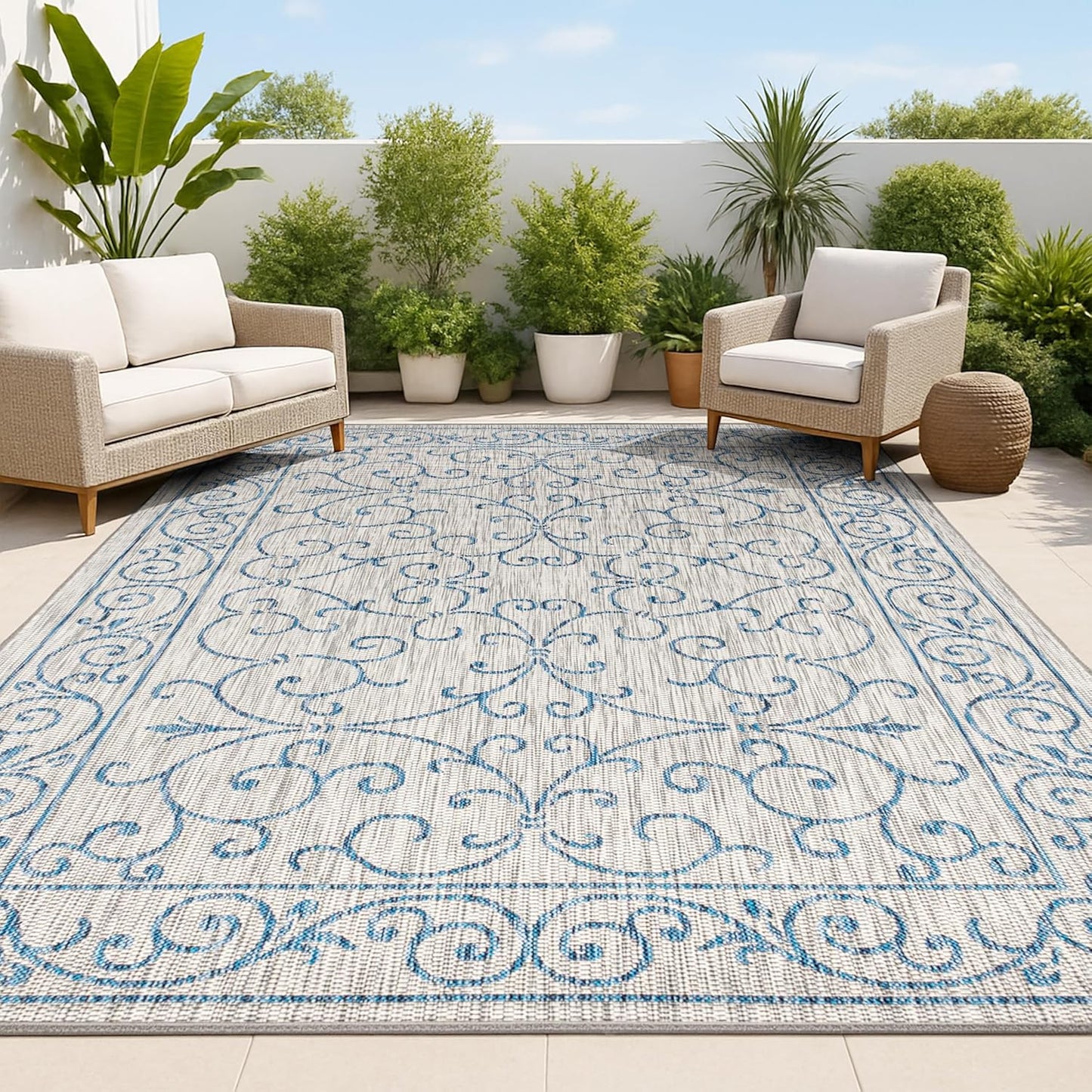 JONATHAN Y Vintage Filigree Indoor Outdoor Area Rug 6X9 Gray/Navy, Charleston Textured Weave for Backyard, Patio, Porch, Easy-Cleaning, High Traffic, Pet-Friendly, Non-Shedding (SMB106C-6)