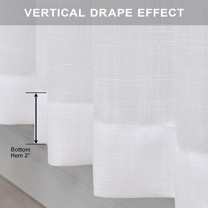 Pitalk White Linen Curtains 95 Inches Long 2 Panel Set for Living Room Back Tab Light Filtering Cotton Lace Textured Linen Sheer Curtains Drapes for Patio Door Doorway Playroom Bay Window 52x95 Length