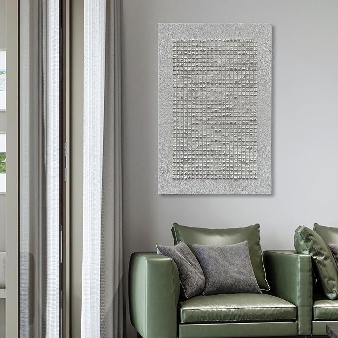 NANKAI Art Hand-Painted White Three-Dimensional Grid Texture Art, Modern Abstract Oil Painting, Minimalist Home Wall Decoration Art 45x30 inches