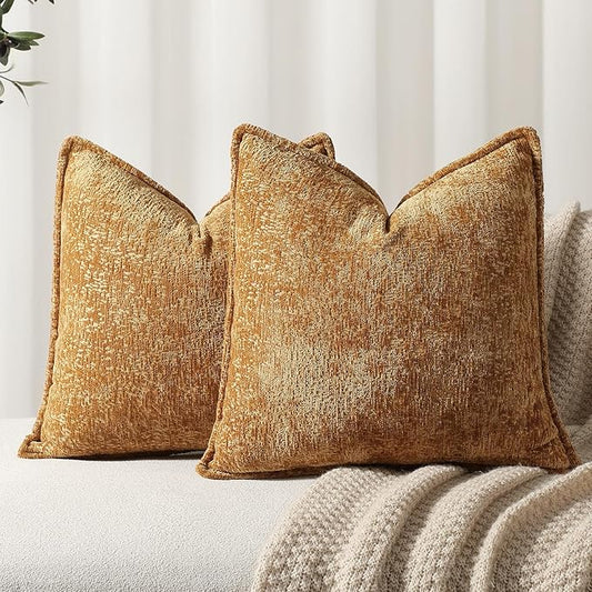 DEZENE Pack of 2 Golden Brown Decorative Throw Pillow Covers 20x20 Cozy Soft Polyester Accent Vintage Square Couch Pillow Covers for Home Decor Bed Sofa Living Room