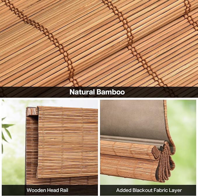 LazBlinds Cordless Blackout Bamboo Roman Shades, 44x64, Papara Carbon | Room Darkening Blinds for Interior Windows, Thermal Insulated Roll Up Bamboo Blinds for Home & Patio