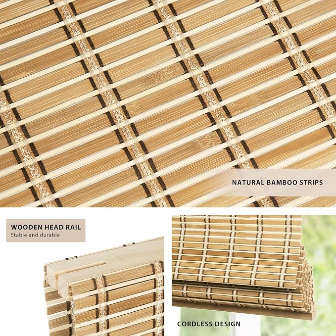 LazBlinds No Tools No Drill Cordless Bamboo Roman Shades, Light Filtering Window Treatment, Roll Up Bamboo Blinds for Windows 30'' W x 64'' H, Natural 306
