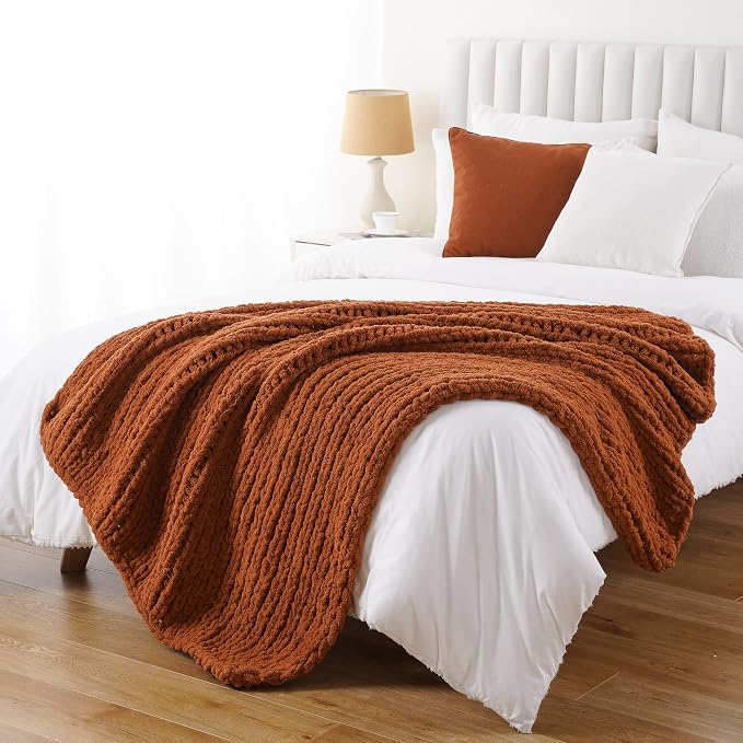 Battilo Fall Chunky Knit Throw Blanket, Soft and Thick Chenille Throw Blanket, 50"x60" Handmade Cable Knit Crochet Blanket, Rust Knitted Throw Blankets for Couch Fall Decoration, Caramel