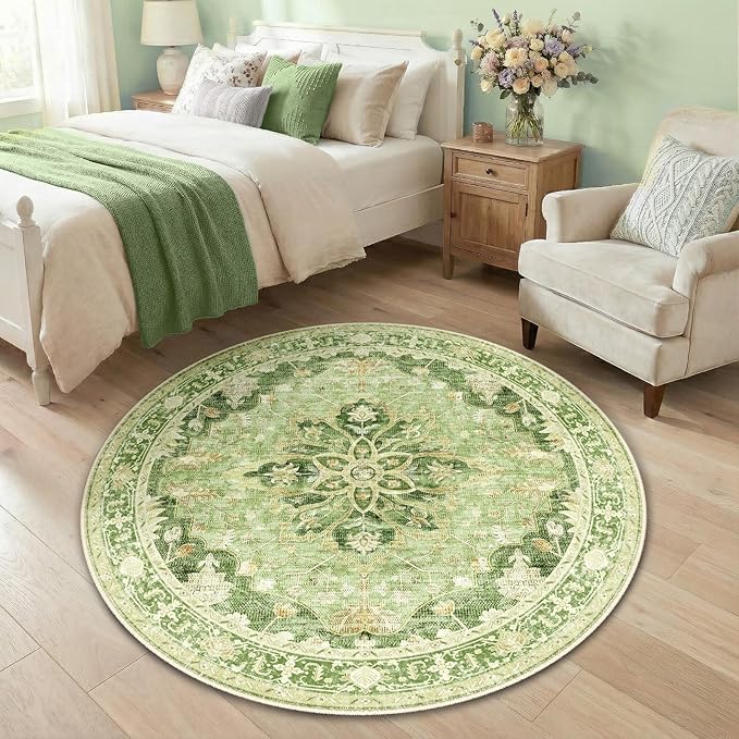 RELEANY Area Rugs 4ft Washable Non-Slip, Floral Vintage Distress Print Pattern Medallion Carpet for Living Room Bedroom Dining Room, Sage Green Yellow