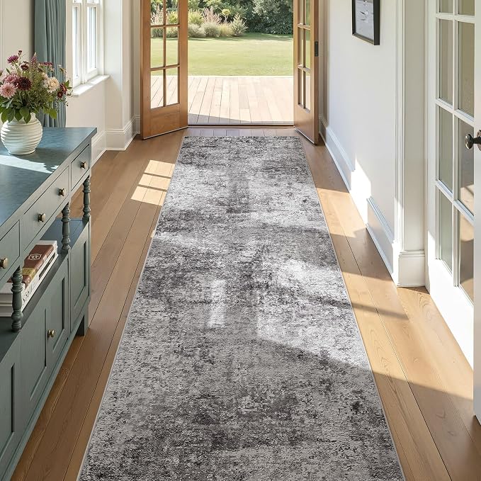 DMOYEST 3x10 Washable Runner Rug for Hallway: Soft Neutral Modern Abstract Low Pile Rug Indoor - Carpet for Bedroom Dining Room Kitchen Entryway - Grey