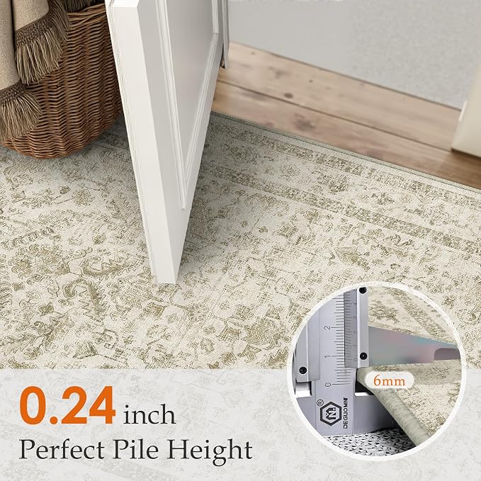 PureCozy Taupe 8x10 Area Rug Vintage Washable Living Room Carpet Non Slip Bedroom Indoor Office Low Pile Large Traditional Distressed Retro Accent Rug for Dining Room Bathroom Kitchen