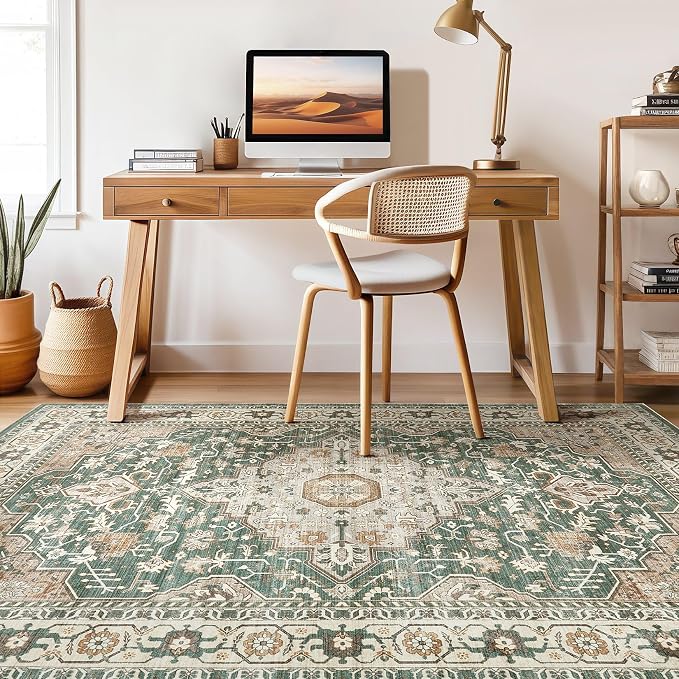 Green Rug Living Room Rugs: 10x12 Washable Boho Large Vintage Soft Stain Resistant Farmhouse Oriental Non Slip Indoor Floor Carpet for Bedroom Nursery Kids Playroom Office Dining Room Home Decor