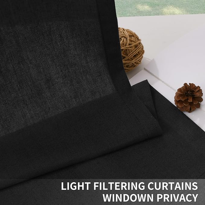 Guken Black Pinch Pleated Linen Curtains 90 Inches Long Country Boho Farmhouse Semi Sheer Textured Linen Blended Light Filtering Curtain for Living Room Bedroom Pleated Drapes with Hooks Rings 40x90