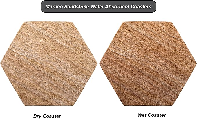 Sandstone Water Absorbent Hand Crafted Hexagon Coasters for Drinks - 4 Inches Wide Thirsty Stone Bar/Drink Coasters- Made from Rainbow Sandstone (Set of 6 with Holder)