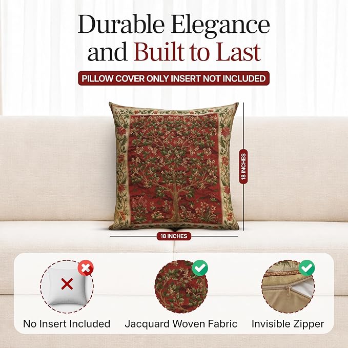 Charlotte Home Furnishings Inc Tapestry Red Tree of Life Throw Pillow Covers 18x18, European 100% Cotton Jacquard Woven Fabric, Boho & Vintage Inspired Decorative Cushion for Living Room and Sofa