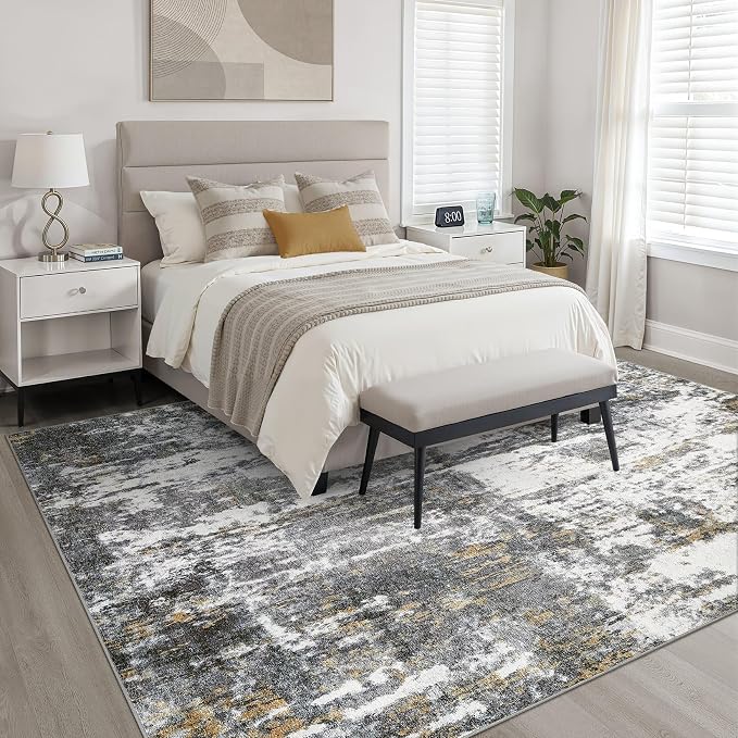 8x10 Area Rugs Living Room: Washable Large Neutral Rug Abstract Soft Modern Stain Resistant Indoor Floor Non-Slip Carpet for Bedroom Nursery Kids Office Playroom Dining Room- Black White Gold