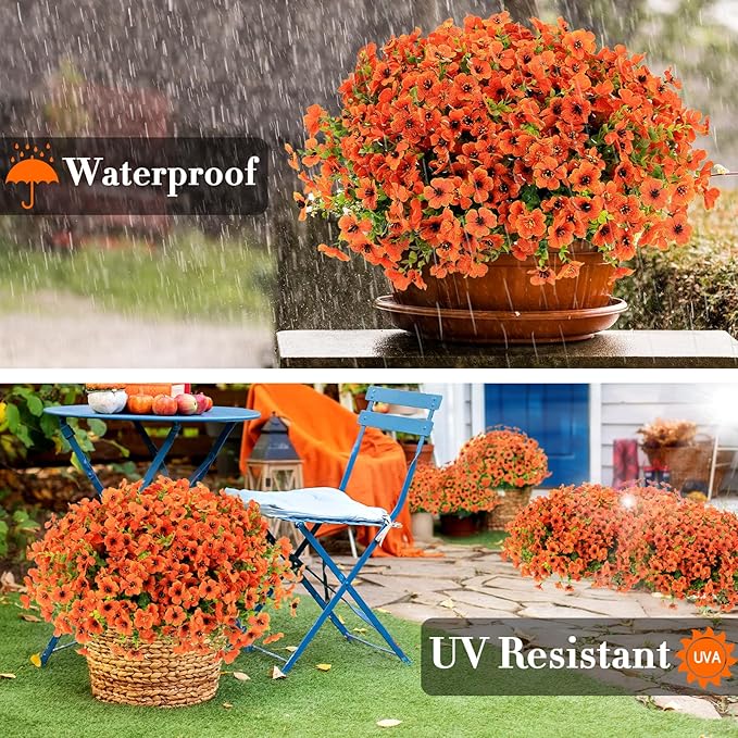 MERIXMAS 24 Bundles Fall Flowers Artificial for Halloween Decoration Outdoors, Fake Plants Autumn, Mums Daisy Eucalyptus Realistic UV Resistant for Garden Patio Porch Home Decor, Orange