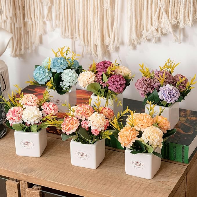 6Pcs Artificial Flowers with Ceramic Pot Small Fake Hydrangea Flowers Arrangements Faux Spring Flowers in Vase Home Spring Decor, Centerpiece Table Decorations for Farmhouse Office Shelf Dining Table