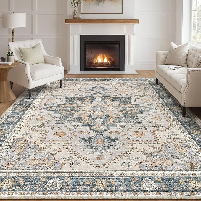 Tortania Area Rug Living Room Rugs - 9x12 Washable Boho Rug Vintage Oriental Distressed Farmhouse Large Thin Indoor Carpet for Living Room Bedroom Under Dining Table Home Office - TealTaupe