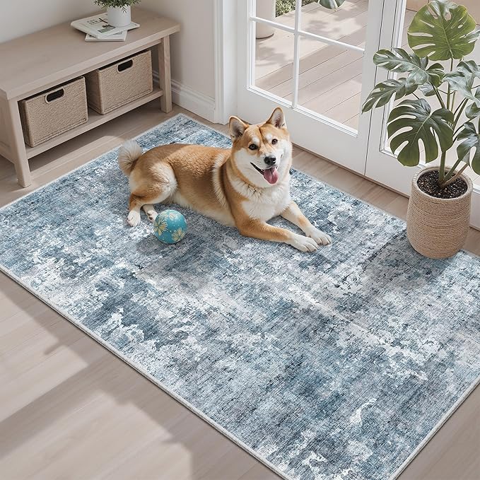 Soalmost 3x4 Rug, Small Area Rug for Kitchen, Entryway, Machine Washable Non-Slip Throw Rug, Vintage Carpet for Nursery Coffee Table Blue/Grey