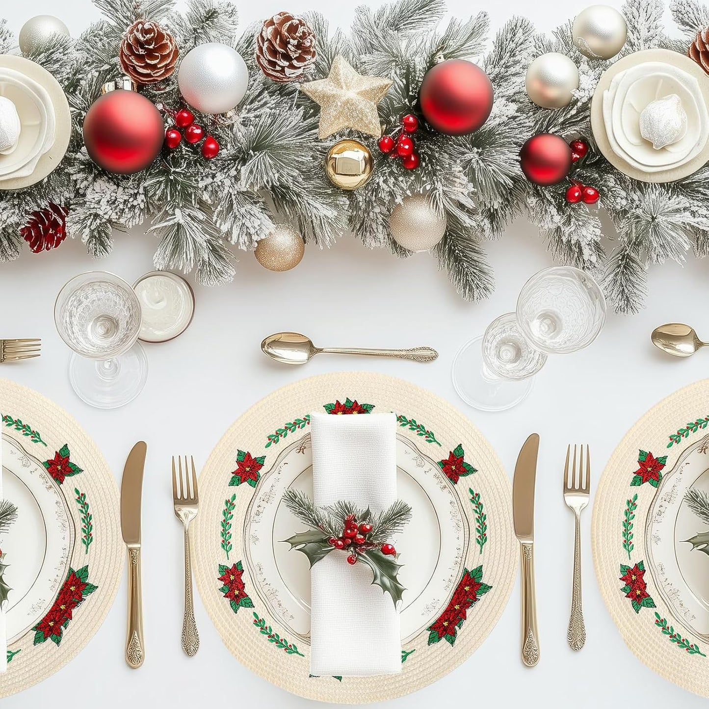 Whaline 4Pcs Round Christmas Flower Placemats Embroidered Xmas Poinsettia Place Mats Decorative Dinner Table Mats for Holiday Party Decor